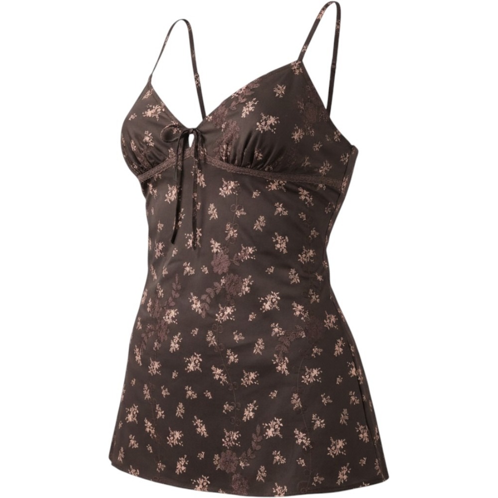 No Boundaries Brown Floral Embroidered Mini Dress XL 16-18 Y2K Babydoll Satin